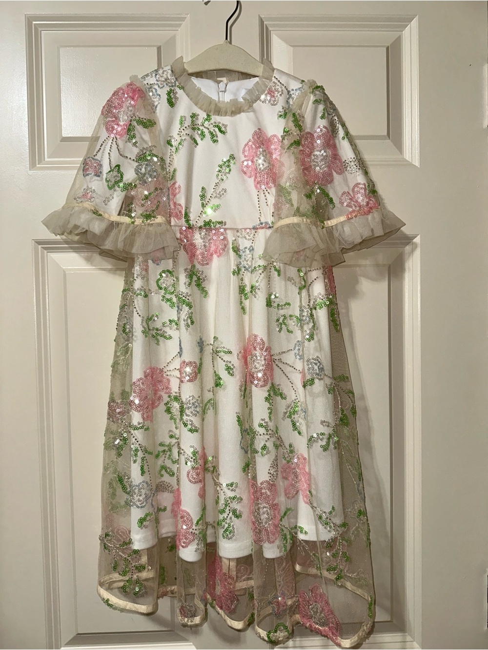 Dainty Jewells White Tulle Dress with Pink & Green Embroidery